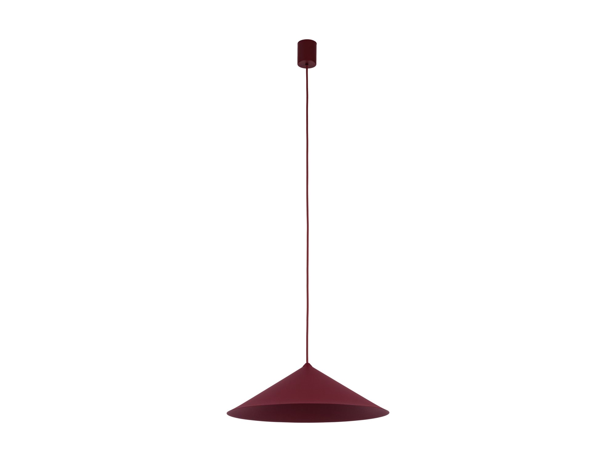 Bordowa lampa wisząca Lume L z pełnym stożkowym metalowym kloszem na białym tle