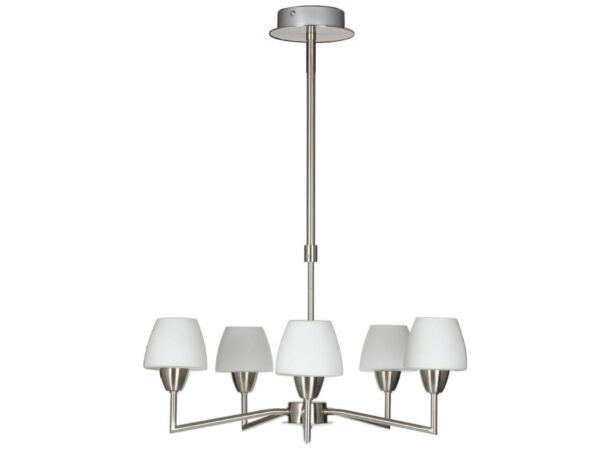 Lampa wisząca Lumolo z pięcioma białymi szklanymi kloszami G9 w matowym niklu
