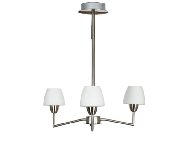 Lampa wisząca Lumolo z trzema białymi szklanymi kloszami i matowymi niklowymi ramionami
