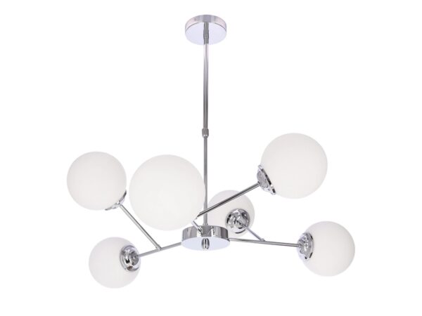 Lampa wisząca Malemia chromowana z sześcioma białymi kulistymi szklanymi kloszami