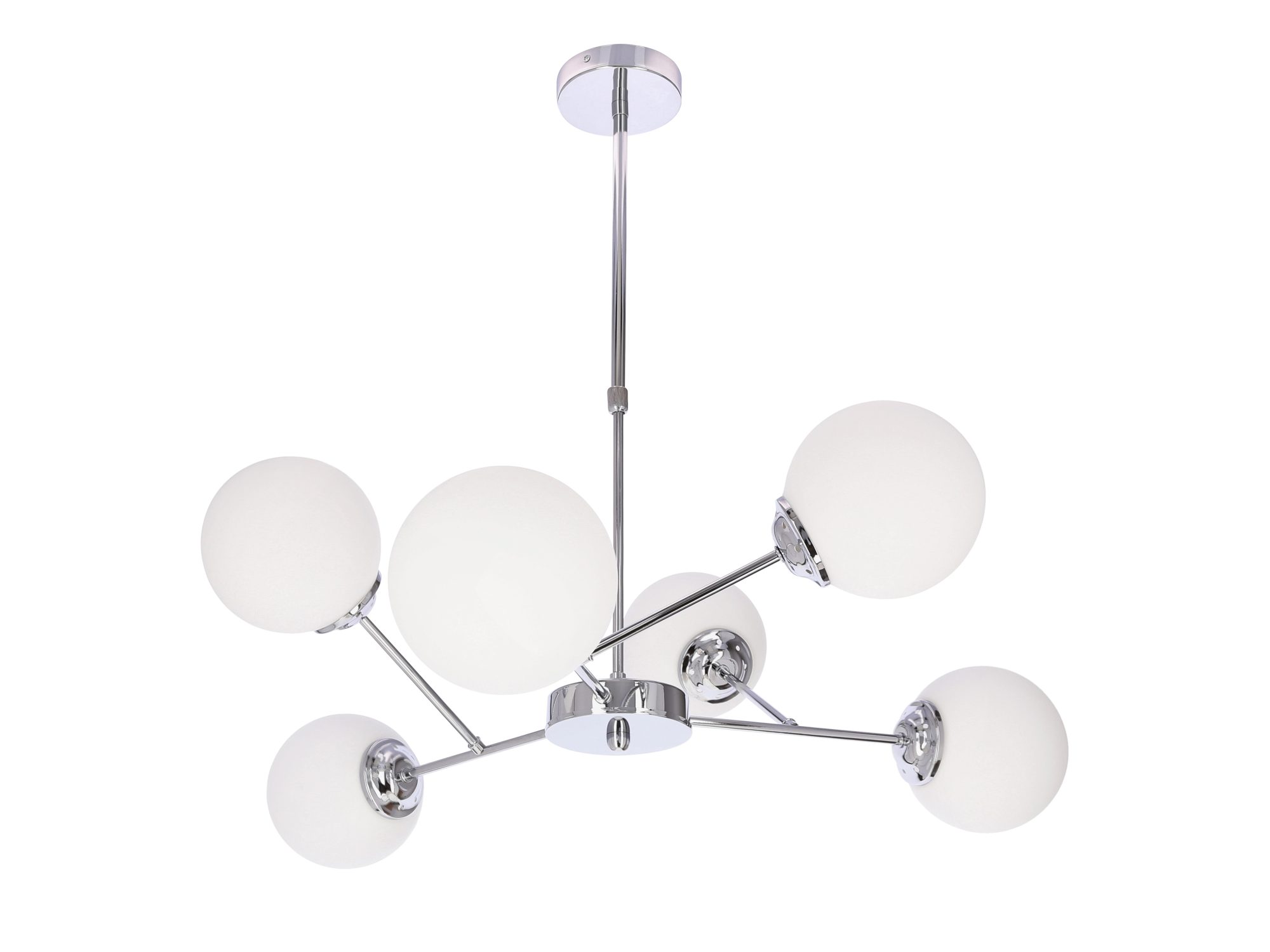 Lampa wisząca Malemia chromowana z sześcioma białymi kulistymi szklanymi kloszami