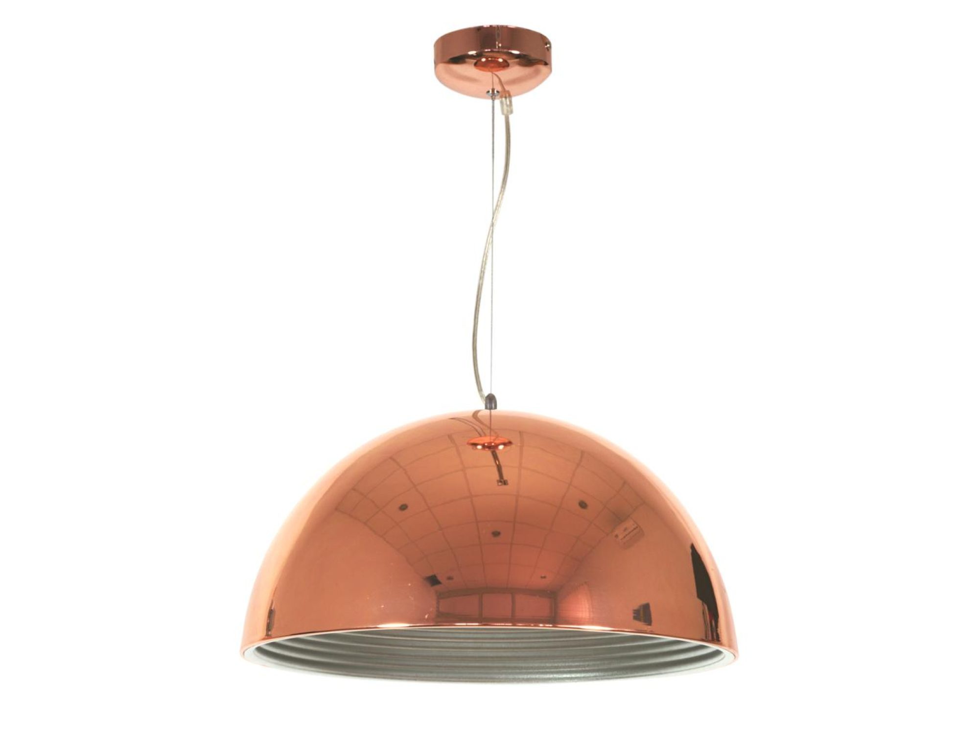 Lampa wisząca Mareveta miedziana półkula na lince na białym tle