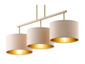 Miniaturka 6 - Lampa wisząca Marii 3 z trzema beżowymi welurowymi abażurami i złotymi wnętrzami, ujęcie pod kątem.