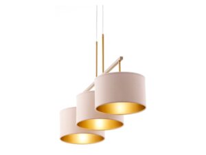Miniaturka 8 - Lampa wisząca Marii 3 beżowo-złota z trzema welurowymi abażurami, pionowa perspektywa.