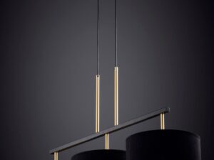 Miniaturka 2 - Lampa wisząca Marii 3 w czarnym i złotym kolorze na ciemnym tle, pełen widok.