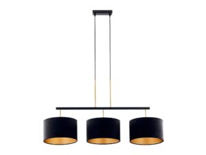 Miniaturka 9 - Lampa wisząca Marii 3 czarno-złota z trzema czarnymi welurowymi abażurami i złotym wnętrzem, widok całej lampy.