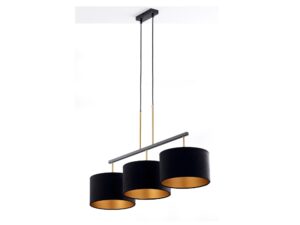 Miniaturka 3 - Pionowe ujęcie lampy Marii 3 z trzema czarnymi welurowymi abażurami i złotymi detalami.
