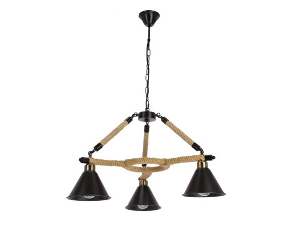 Lampa wisząca Marodona z trzema czarnymi stożkowymi kloszami i konopną liną