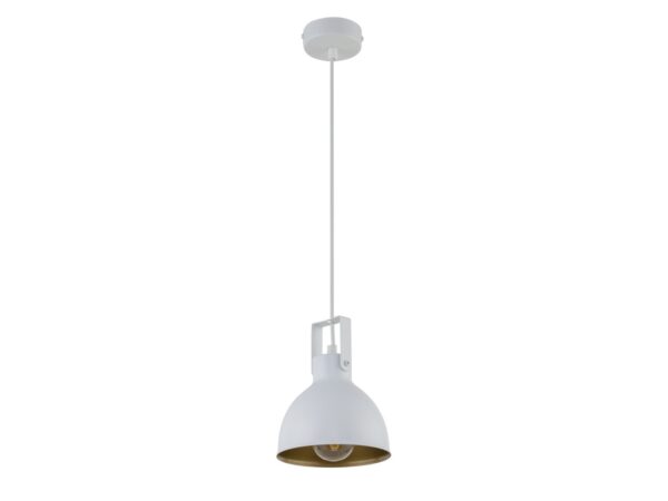 Lampa wisząca Mars 1 biało-złota z ruchomym metalowym kloszem i oprawką E27, pełny widok.