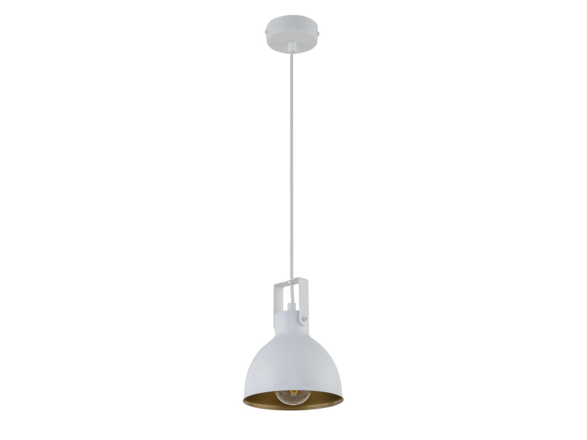 Lampa wisząca Mars 1 biało-złota z ruchomym metalowym kloszem i oprawką E27, pełny widok.