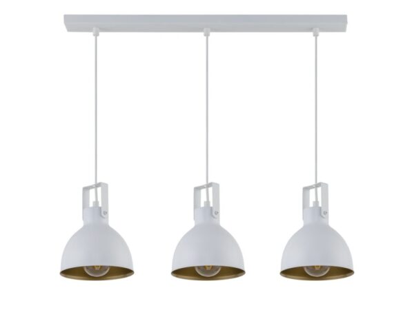Lampa wisząca Mars 3 prosty biało-złota z trzema dzwonowymi kloszami na podłużnej listwie.