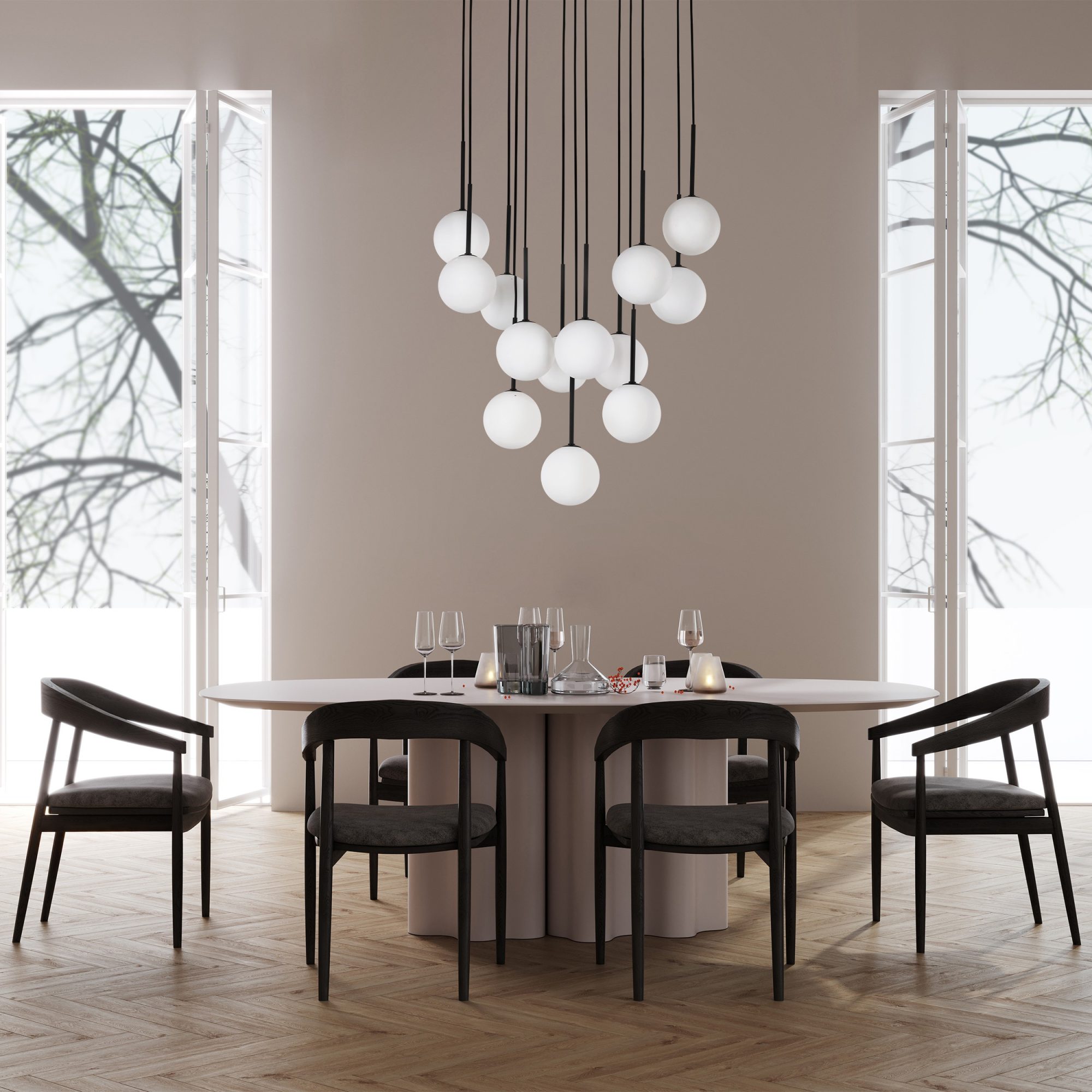 Lampa wisząca Martin z trzynastoma białymi kulami w aranżacji wnętrza