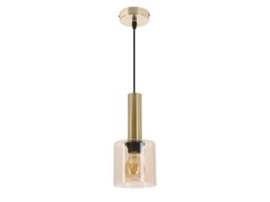Miniaturka 2 - Lampa wisząca Melevora z mosiężnym zawiesiem i bursztynowym szklanym kloszem na białym tle