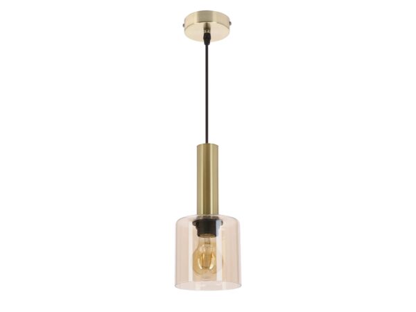 Lampa wisząca Melevora z mosiężnym zawiesiem i bursztynowym szklanym kloszem na białym tle