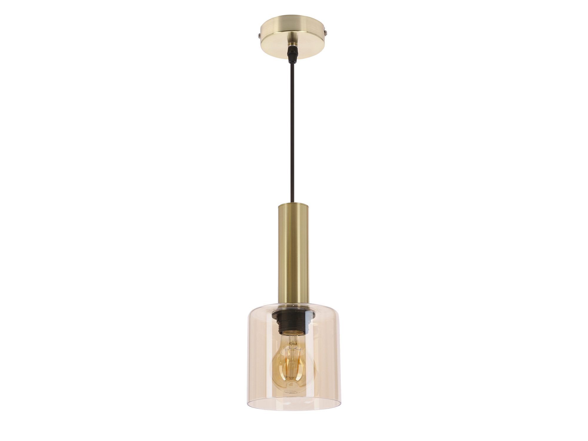Lampa wisząca Melevora z mosiężnym zawiesiem i bursztynowym szklanym kloszem na białym tle