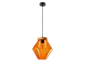 Miniaturka 3 - Lampa wisząca Melovora z pomarańczowym geometrycznym kloszem szklanym i drewnopodobnym mocowaniem