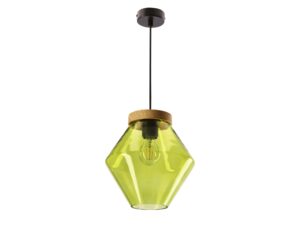 Miniaturka 1 - Lampa wisząca Melovora z zielonym geometrycznym kloszem szklanym i drewnopodobnym mocowaniem