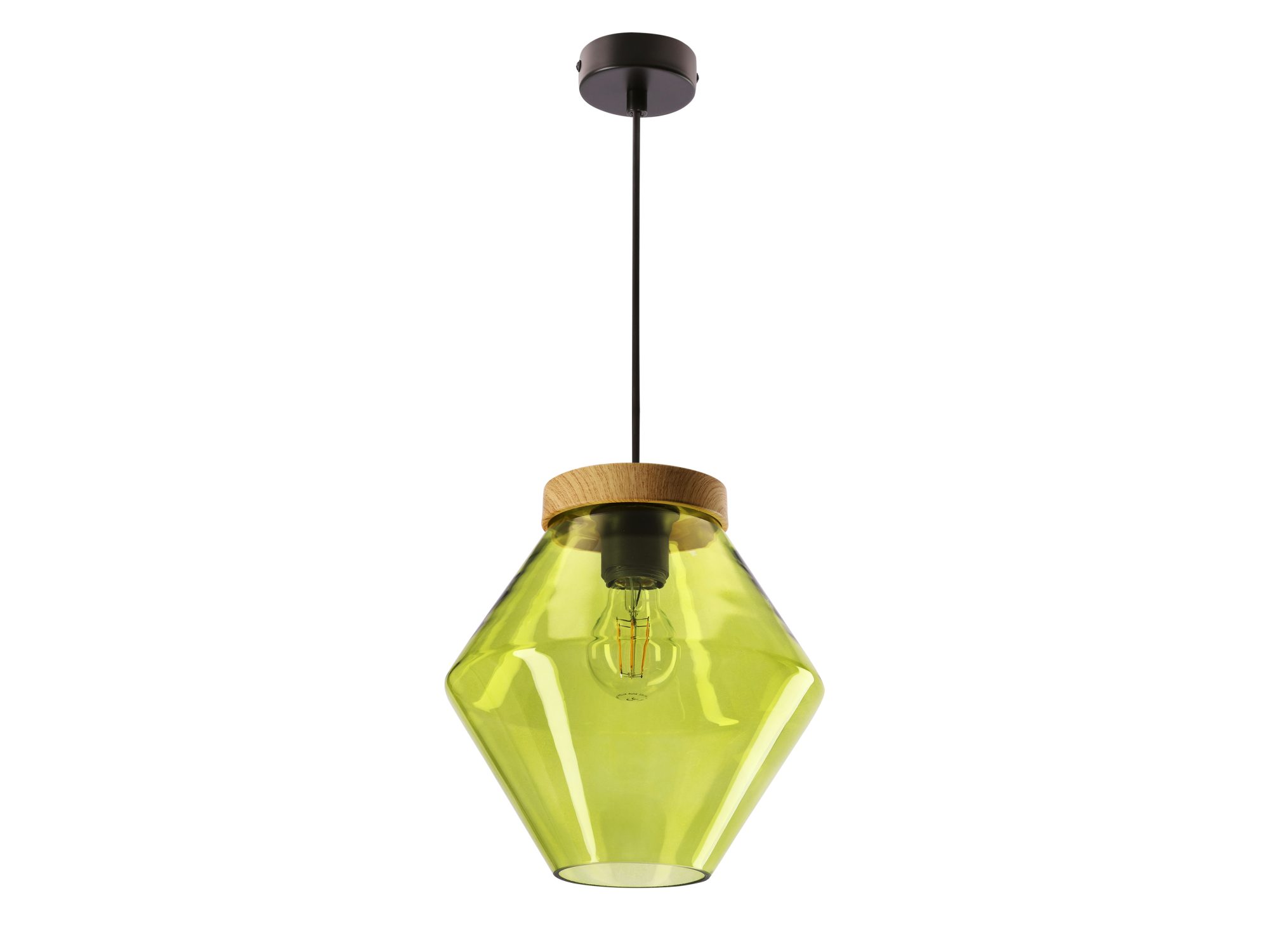 Lampa wisząca Melovora z zielonym szklanym kloszem i drewnopodobnym mocowaniem