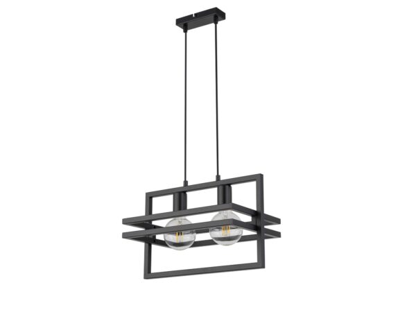 Lampa wisząca Merci 2 czarna, dwa punkty E27 w geometrycznej stalowej ramie, widok całej oprawy