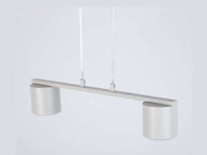 Miniaturka 7 - Lampa wisząca Mila 2 w kolorze szary beż, zbliżenie na dwa stalowe klosze.