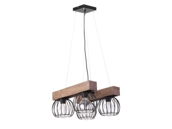 Lampa wisząca Milan 4 z brązowymi drewnianymi belkami i czarnymi drucianymi osłonami, pełen widok.
