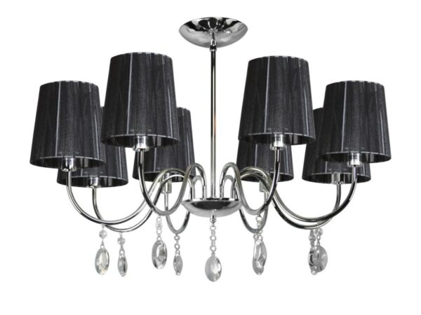 Lampa wisząca Miresio chromowana z ośmioma czarnymi abażurami