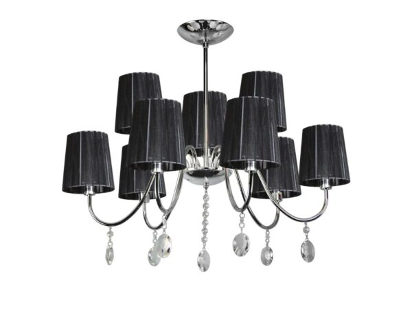 Lampa wisząca Miresio chromowana z dziewięcioma czarnymi abażurami i przezroczystymi zawieszkami