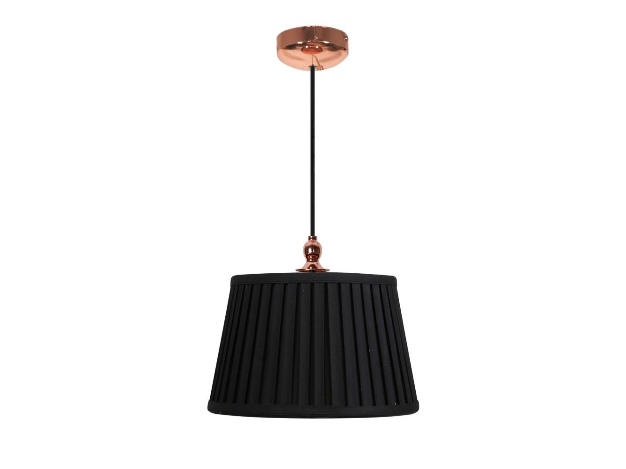 Lampa wisząca Mirotia z czarnym plisowanym abażurem i miedzianą podsufitką na białym tle