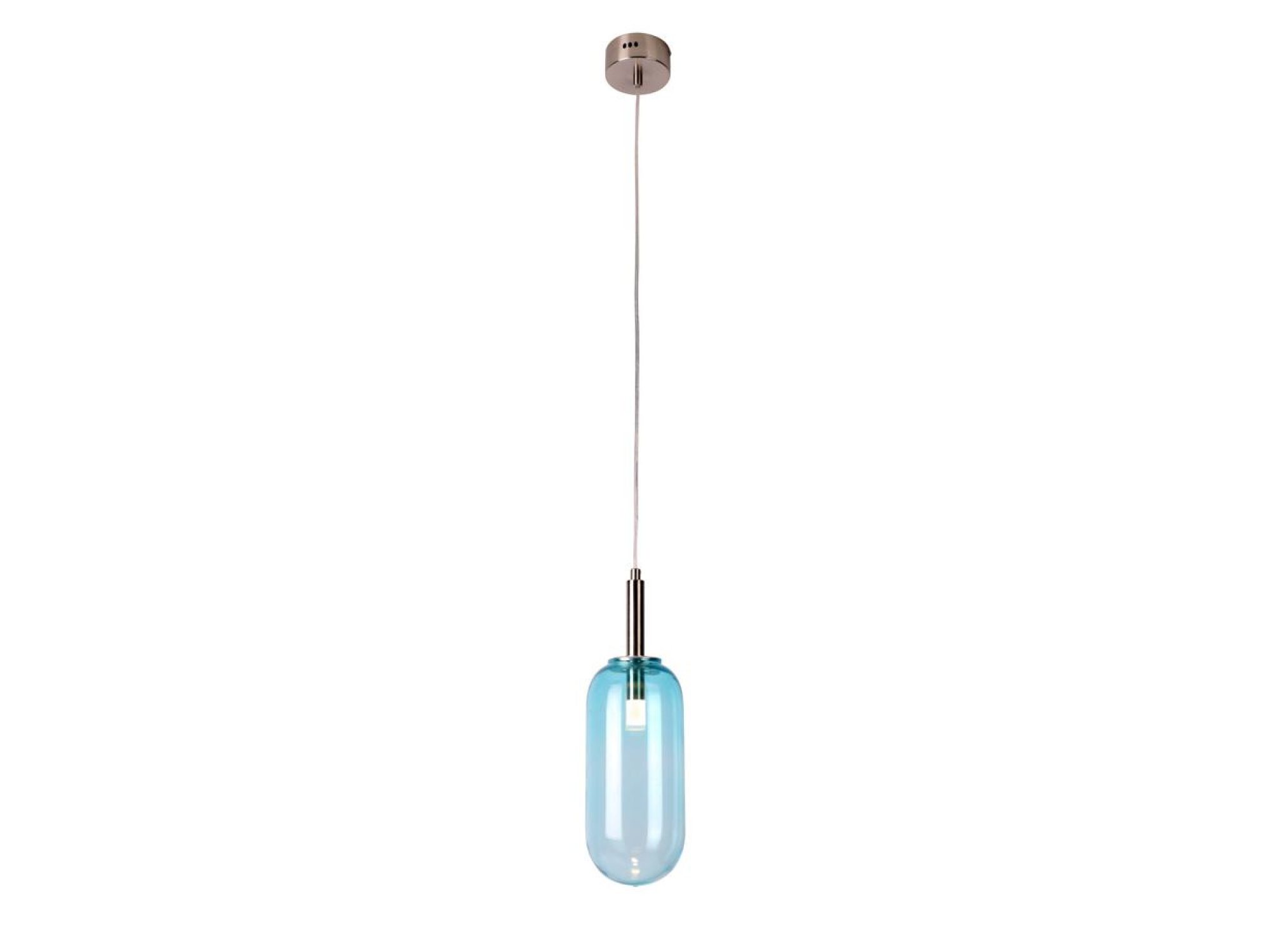 Lampa wisząca Mirovora z niebieskim podłużnym szklanym kloszem na białym tle
