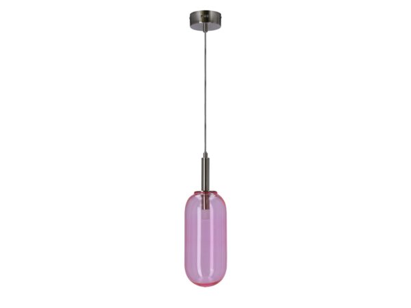 Lampa wisząca Mirovora z różowym podłużnym szklanym kloszem na białym tle