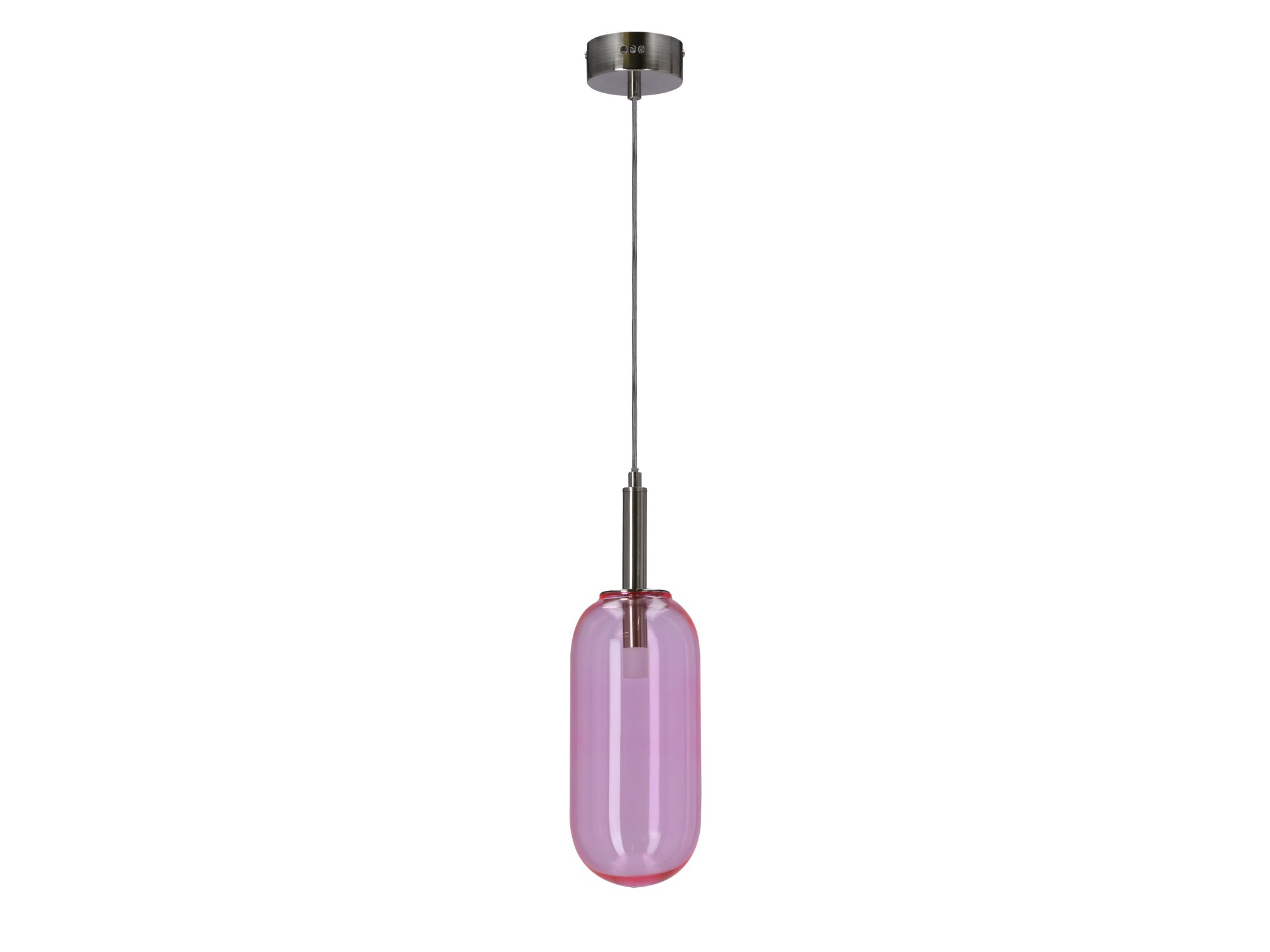 Lampa wisząca Mirovora z różowym podłużnym szklanym kloszem na białym tle