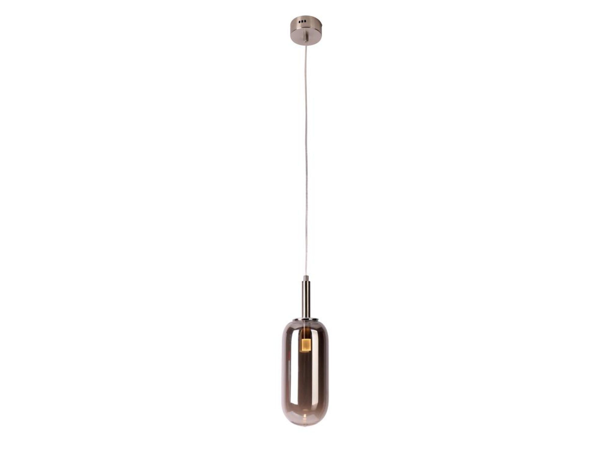 Lampa wisząca Mirovora ze srebrnym przydymionym szklanym kloszem na białym tle