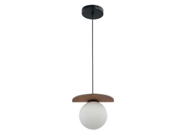 Lampa wisząca Mirror 1 z białą szklaną kulą, czarnym zawieszeniem i brązowym elementem nad kloszem
