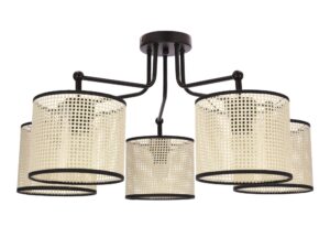 Miniaturka 2 - Lampa wisząca Moraleta czarna z pięcioma kremowymi ażurowymi abażurami – widok całości