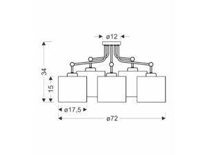 Miniaturka 1 - Lampa wisząca Moraleta – schemat wymiarowy pięciu abażurów i stelaża 72 na 34 cm