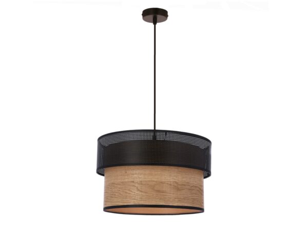 Lampa wisząca Morania z czarnym ażurowym pasem i abażurem w kolorze drewna