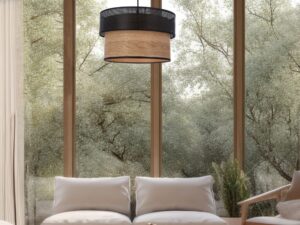 Miniaturka 1 - Lampa wisząca Morania z dwukolorowym abażurem nad stolikiem w salonie