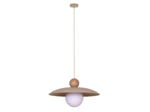 Miniaturka 12 - Pełna beżowa lampa wisząca Mosaic Wood 1 z rozetą i białym kulistym kloszem.
