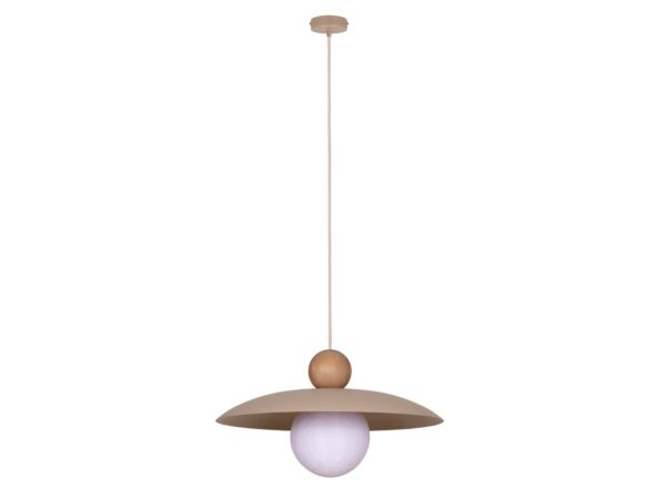 Pełna beżowa lampa wisząca Mosaic Wood 1 z rozetą i białym kulistym kloszem.