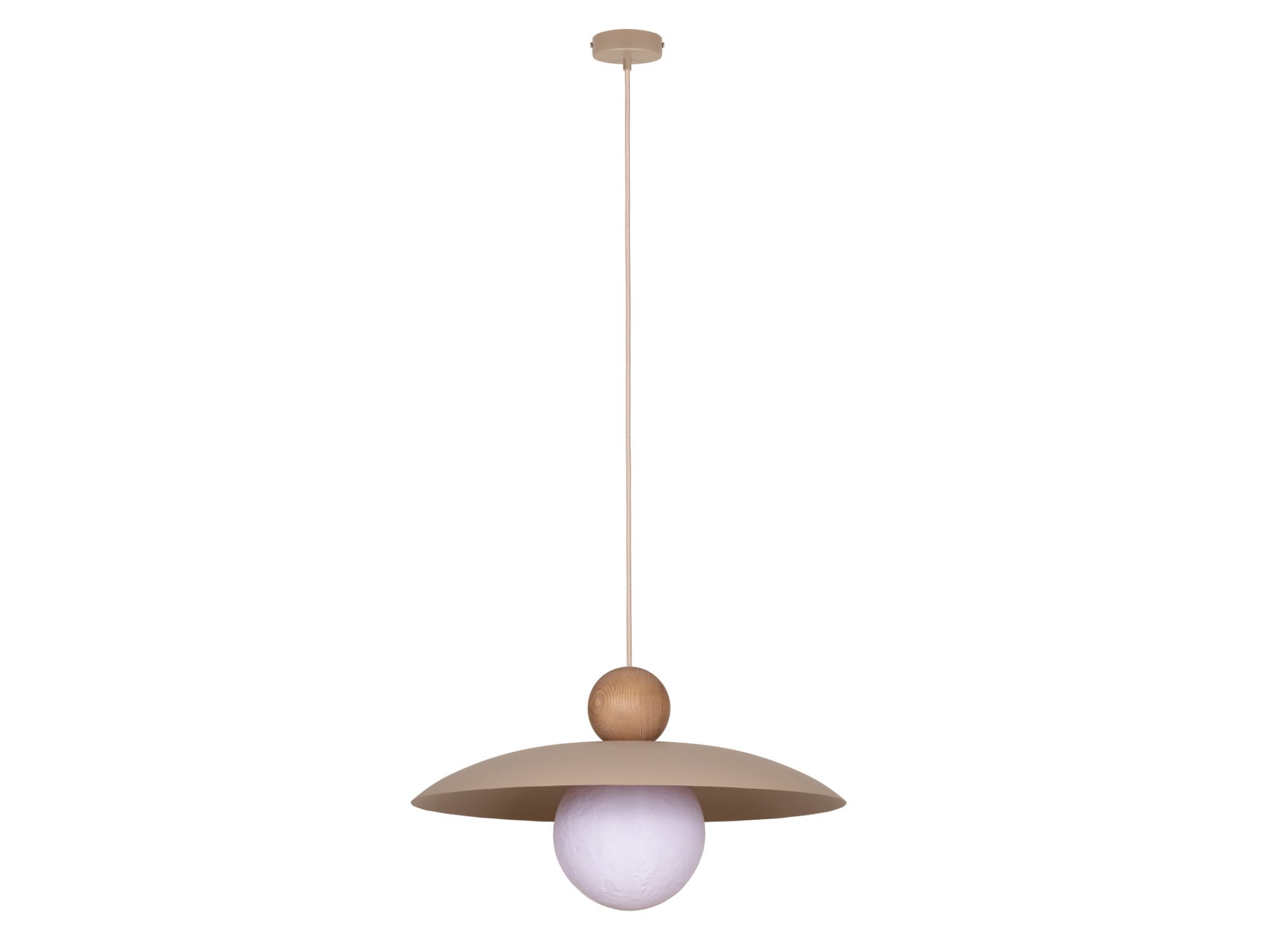 Pełna beżowa lampa wisząca Mosaic Wood 1 z rozetą i białym kulistym kloszem.