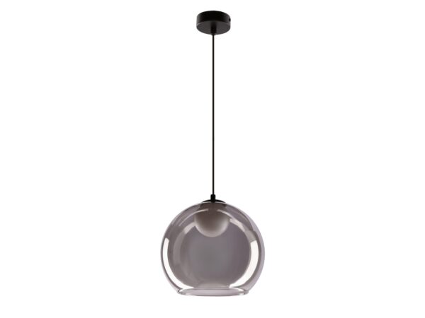 Lampa wisząca Nalata czarna, szklany klosz dymiony i biała kula na białym tle
