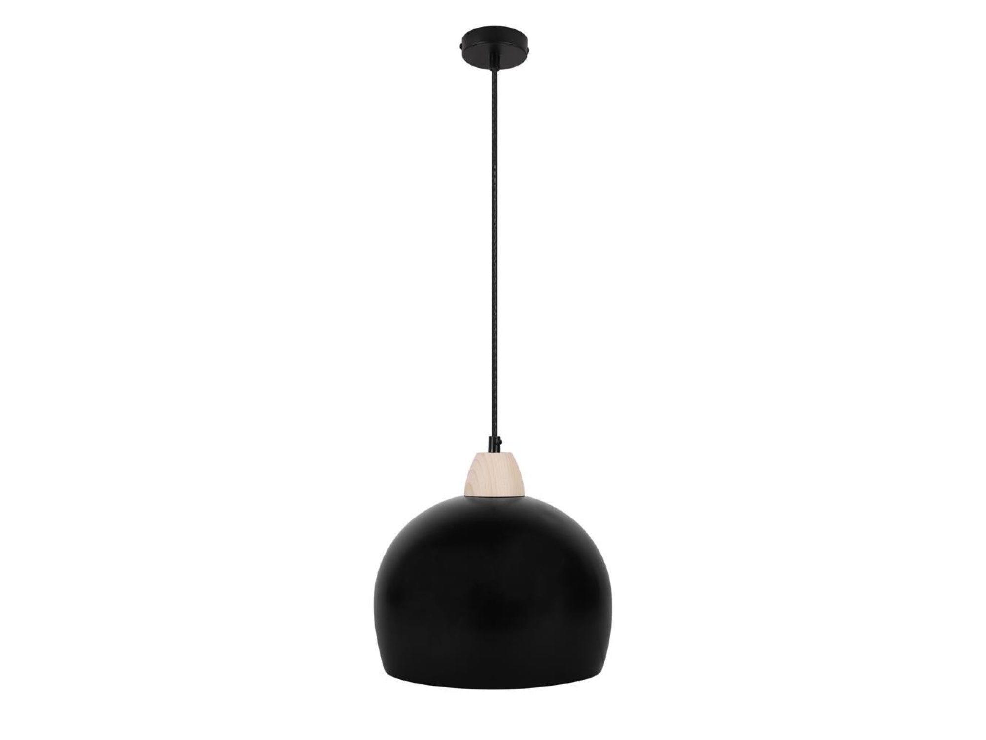 Lampa wisząca Nalesela z czarnym kopułowym kloszem i jasnym drewnem