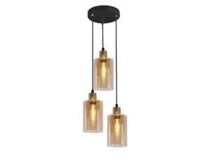Miniaturka 2 - Lampa wisząca Nalidano z trzema bursztynowymi kloszami i czarną podsufitką, na białym tle