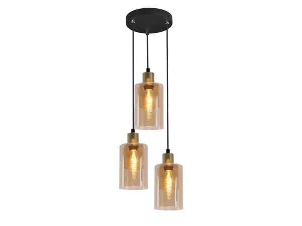 Lampa wisząca Nalidano z trzema bursztynowymi kloszami i czarną podsufitką, na białym tle