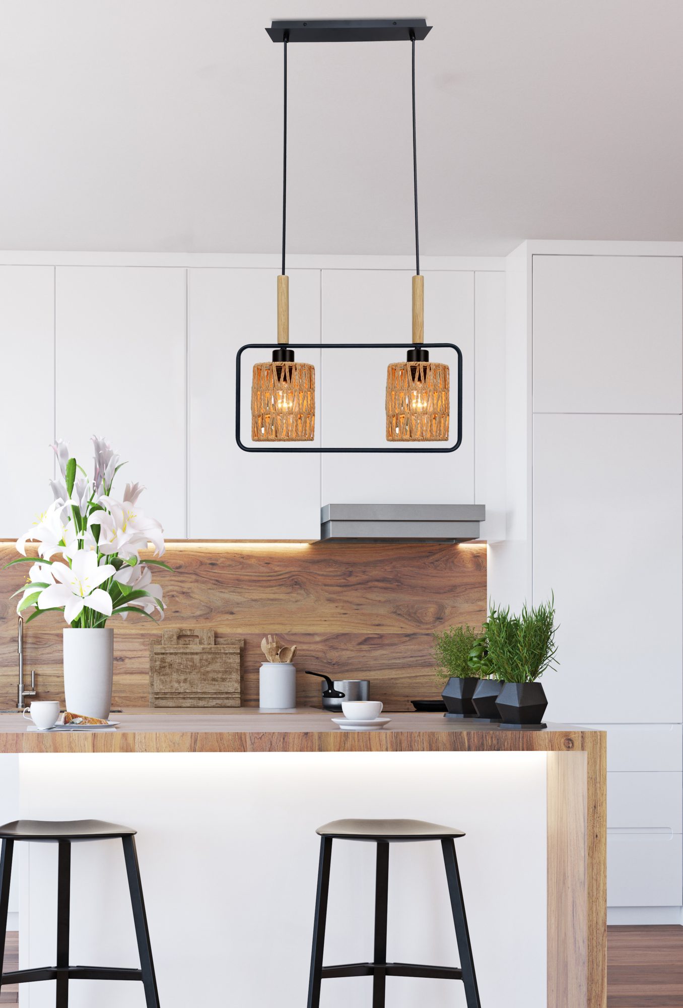 Lampa wisząca Nalimia z dwoma beżowymi abażurami w pokoju