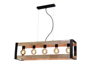 Miniaturka 2 - Lampa wisząca Naliseta z pięcioma oprawkami i drewnianą ramą na białym tle