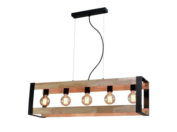 Lampa wisząca Naliseta z pięcioma oprawkami i drewnianą ramą na białym tle