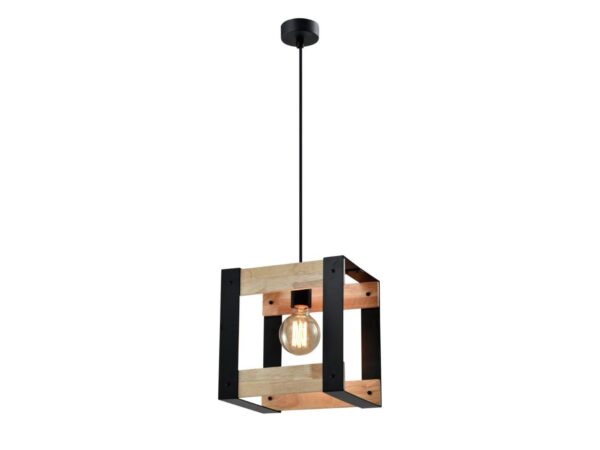Lampa wisząca Naliseta czarna z drewnianym geometrycznym kloszem