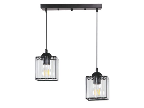 Lampa wisząca Naradio z dwoma przezroczystymi kloszami i czarną listwą, na białym tle