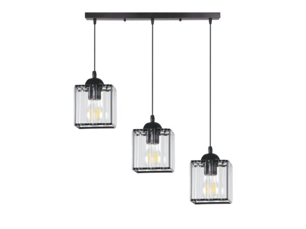 Lampa wisząca Naradio z podłużną listwą i trzema przezroczystymi kloszami